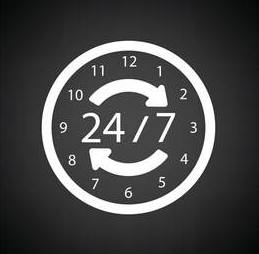 Logo d'un horloge qui indique un service offert 24 sur 24 et 7 jours semaine à Granby.
